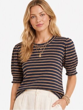 Lucky Brand Striped Top Women’s Large Navy and Tan Puff Sleeve Casual Boho
